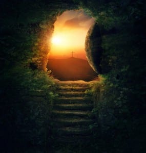 The stone is rolled away from the grave on Easter morning.